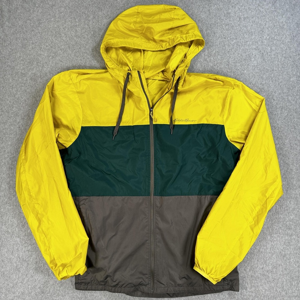 Eddie Bauer Windbreaker Hoodie Men Large Yellow Green Zip Lightweight Colorblock
